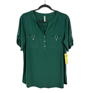 PerSeption Concept Blouse Womens XL Green Roll Tab Sleeve Gold Hardware NWT